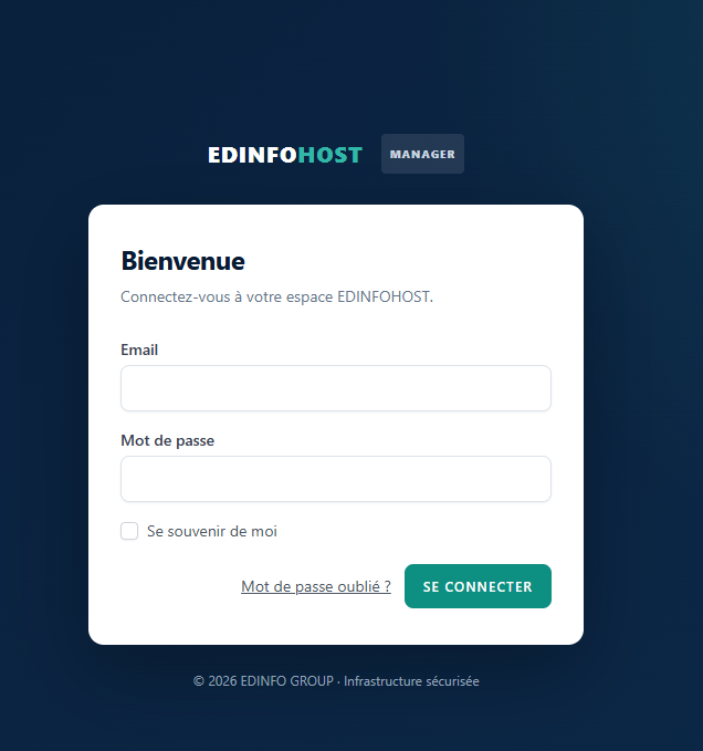 Formulaire de connexion de l’Espace client EDINFO HOST avec les champs email et mot de passe