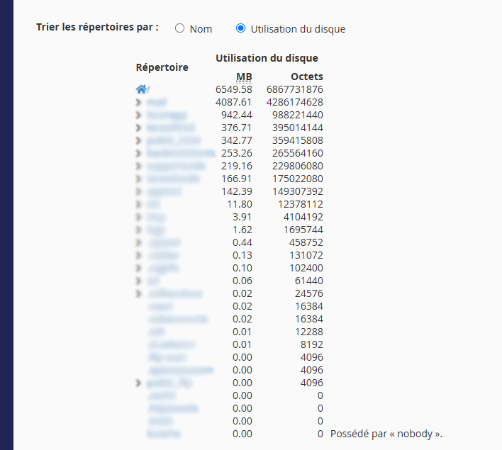 Arborescence Utilisation du disque triée par taille, avec les colonnes Mo et Octets pour chaque dossier