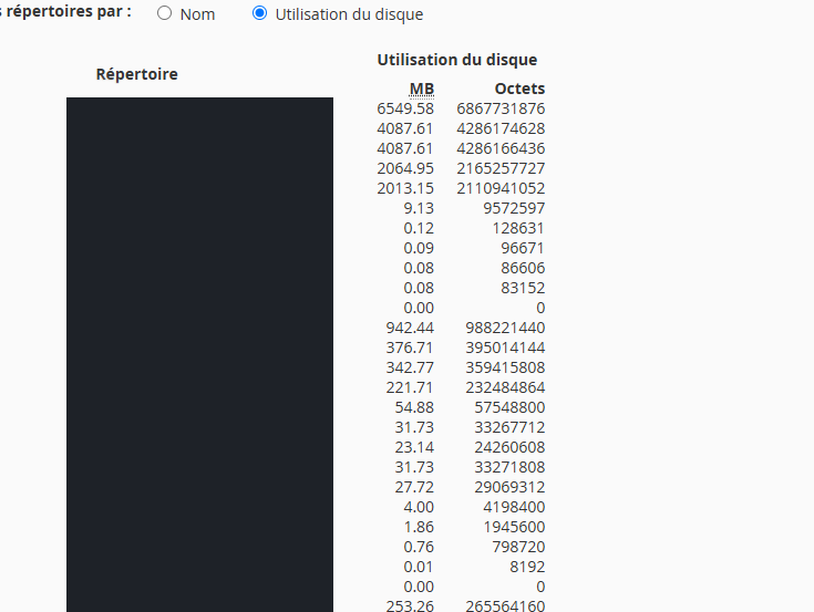 Page Utilisation du disque de cPanel triée par taille, avec les colonnes Mo et Octets pour chaque dossier