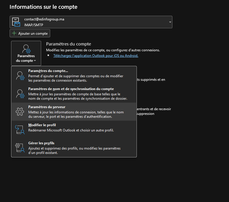 Menu déroulant Paramètres du compte avec l’option Paramètres du serveur mise en évidence