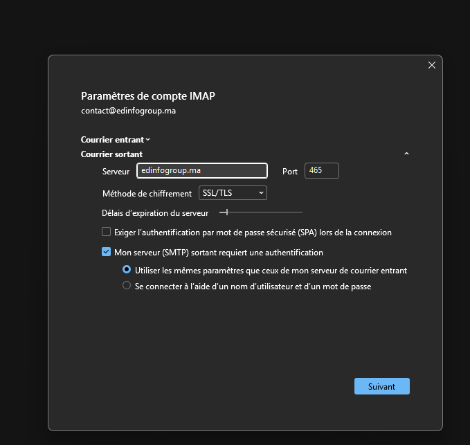 Fenêtre Paramètres de compte IMAP avec le courrier sortant : serveur, port 465, SSL/TLS et authentification SMTP activée